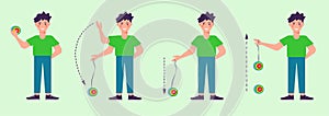 Yo-yo toy. Set of boy in various poses playing yo-yo. Vector isolated elements