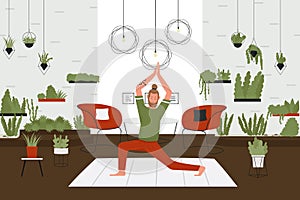 Yoga activity at home, cartoon man with beard doing yoga pranayama exercise, meditating