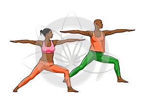 YOGA â Illustrationâ Athletic African American couple practicing yoga â warrior pose â A4 photo