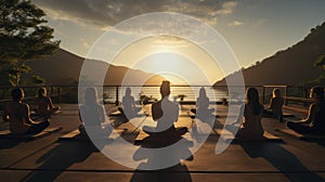 Yoga Amidst Nature\'s Expanse. Balancing body and spirit in peaceful retreats. Generative AI