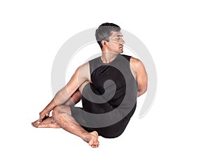 Yoga ardha matsyendrasana on white photo