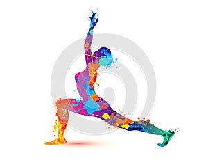 Yoga asana virabhadrasana. Warrior pose. Splash paint