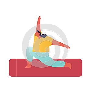 Yoga Asana. Young Sporty Woman Fat Figure Wearing Sports Wear Training. Female Character Doing Lunge