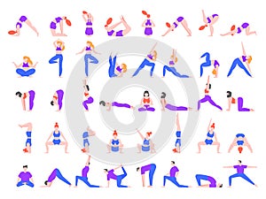 Yoga asanas. Practice in yoga poses, young people train balance, meditate and relax at yoga class vector illustration