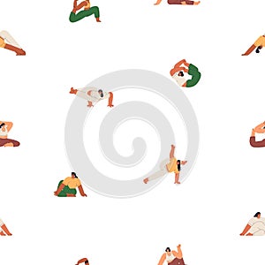 Yoga asanas, seamless pattern design. Woman in different stretching poses, positions, repeating print. Endless sport