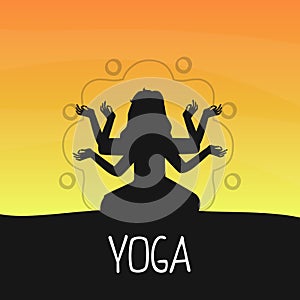 Yoga Banner Template with Silhouette of Multi Armed Woman Meditating in Lotus Position at Sunset Vector Illustration