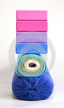 Yoga blocks, bolster, strap and carpets