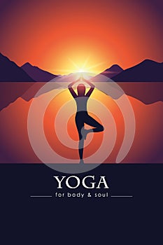 Yoga for body and soul meditating woman silhouette by the lake with mountain landscape at sunset