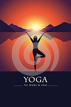 Yoga for body and soul meditating woman silhouette by the lake with mountain landscape at sunset