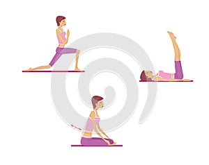 Yoga for breathing and spine. Asanas. The girl trains and looses. Illustration isolated on white background