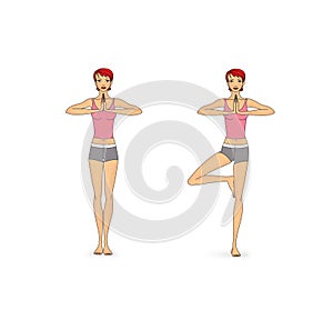 Yoga for breathing and spine. Asanas. The girl trains and looses. Illustration isolated on white background