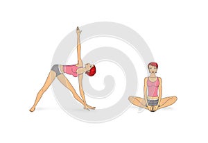 Yoga for breathing and spine. Asanas. The girl trains and looses. Illustration isolated on white background