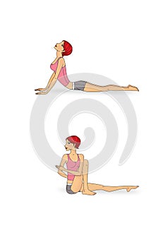 Yoga for breathing and spine. Asanas. The girl trains and looses. Illustration isolated on white background