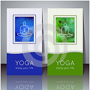 Yoga cards with watercolor texture and yogi silhouette.