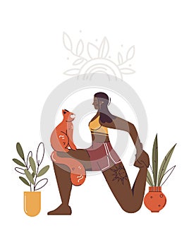 Yoga with cat. Young black woman in Anjaneyasana pose at home with plants. Cat sitting on girl.