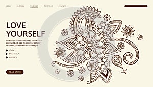 Yoga center landing page. Vector floral ornament web banner. Love yourself page template