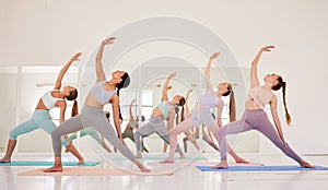 Yoga class or club of females only exercising and stretching during their morning workout or exercise. Group of calm