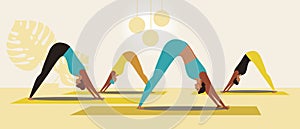 Yoga class, downward facing dog pose, flat vector stock illustration with young women doing yoga asanas with instructor