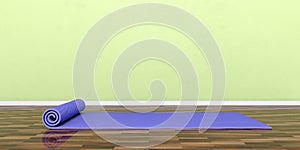 Yoga class equipment. Exercise mat on wooden floor, banner, copy space. 3d illustration