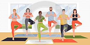 Yoga class  flat cartoon illustration. Young women and men practicing yoga exercise and meditation with instructor photo