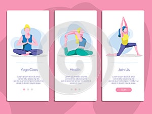 Yoga class onboarding mobile app page screen set.