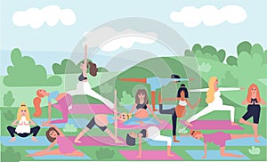 Yoga class outdoors flat color vector illustration. Prenatal yoga in park. Pregnant women 2D cartoon characters with