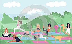 Yoga class outdoors flat color vector illustration. Prenatal yoga in park. Pregnant women 2D cartoon characters with