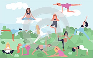 Yoga class outdoors flat color vector illustration. Prenatal yoga in park. Pregnant women 2D cartoon characters with