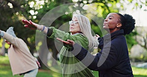 Yoga class, park and senior people with instructor exercise together in nature for health and wellness training. Peace