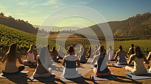 A yoga class in a picturesque vineyard ultra realistic illustration - Generative AI.