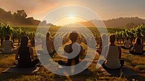 A yoga class in a picturesque vineyard ultra realistic illustration - Generative AI.