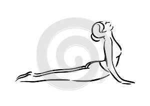 Yoga Cobra, bhujangasana pose illustration on white background. Relax and meditate. Healthy lifestyle. Balance training.