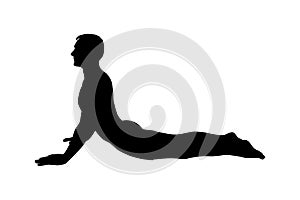 Yoga cobra pose or bhujangasana. Man silhouette practicing strengthing yoga pose. Vector illustration