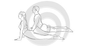 Yoga cobra pose or bhujangasana. Woman and man practicing strengthing yoga pose. Hand drawn vector illustration