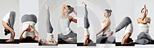 Yoga collage. young woman doing yoga exercises