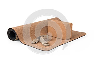 Yoga Cork Mat Block and Strap Eco Friendly on White Background