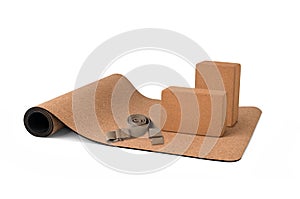 Yoga Cork Mat Set Non slip Eco Friendly on White Background