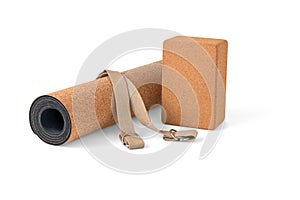 Yoga Cork Mat Set Non slip Eco Friendly on White Background