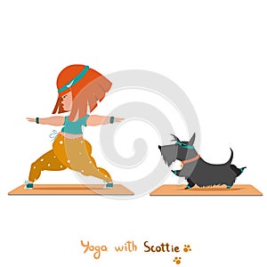 Yoga with cute Scottish terrier