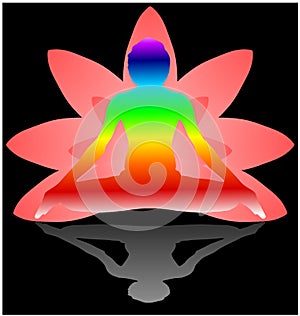Yoga Day meditation padmasana pose banner with seven aura energy Chakra against pink lotus petals gradient vector on black