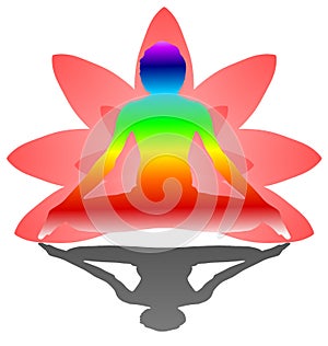 Yoga Day meditation padmasana pose banner with seven aura energy Chakra against pink lotus petals gradient vector on white