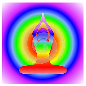 Yoga Day meditation parvastasna pose banner with seven aura energy Chakra against energy chakra gradient circle