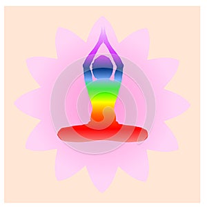 Yoga Day meditation parvastasna pose banner with seven aura energy Chakra against pink lotus petals