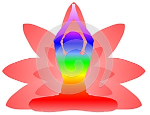 Yoga Day meditation parvastasna pose banner with seven aura energy Chakra against pink lotus petals with beautiful gradient vector