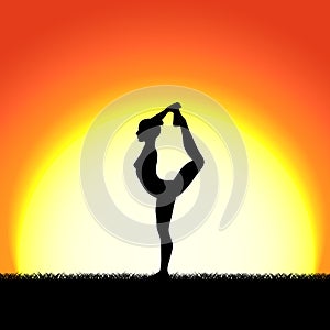 Yoga dhanurasana pose black silhouette on sunset background. Woman character meditating in nature during sunrise, dawn.