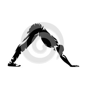 Yoga, downward dog position. Meditation isolated vector silhouette, side view. Practicing man