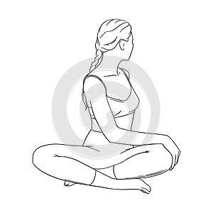 Yoga Easy Seated Twist performed by woman. Spine twisted asana. Vector illustartion