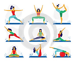 Yoga exercise. Fitness therapy, healthy stretch yoga poses and woman treatment stretching exercises flat vector