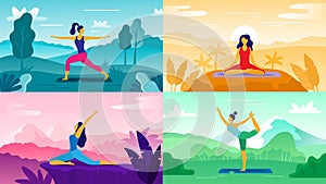 Yoga exercise on nature. Relax outdoors exercises, healthcare fitness and healthy lifestyle. Yoga poses flat vector