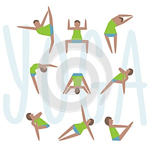 Yoga exercises. Cartoon yoga icon set good for yoga class, center, studio, poster and other design. Sketch with girl in tradition